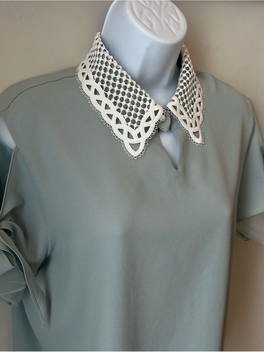 Lace Collar Seafoam Blouse - Mermaidcore Coquette Korean Office Chic - Picture 3 of 13